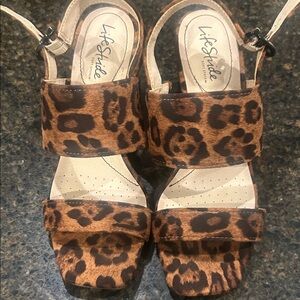 Life Stride Leopard-Print Open-Toe Heels in Brown and Black